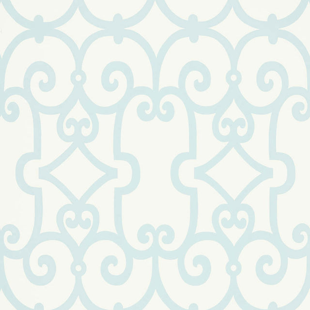 Manor Gate wallpaper in Mineral by Schumacher, featuring a modern scrollwork pattern in soft blue on white.