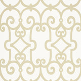 Manor Gate Sand by Schumacher - Modern geometric scroll wallpaper in beige and white.