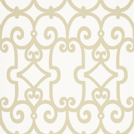 Manor Gate Sand by Schumacher - Modern geometric scroll wallpaper in beige and white.