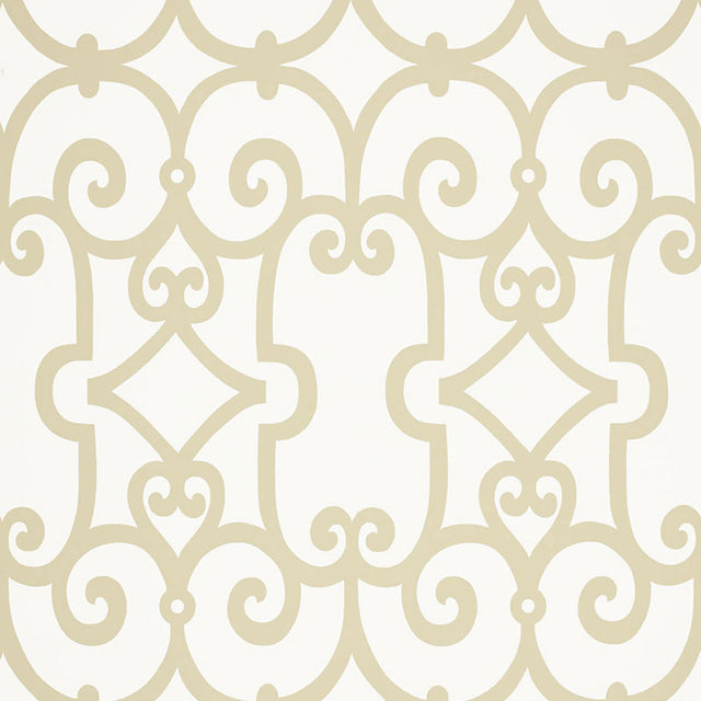 Manor Gate Sand by Schumacher - Modern geometric scroll wallpaper in beige and white.