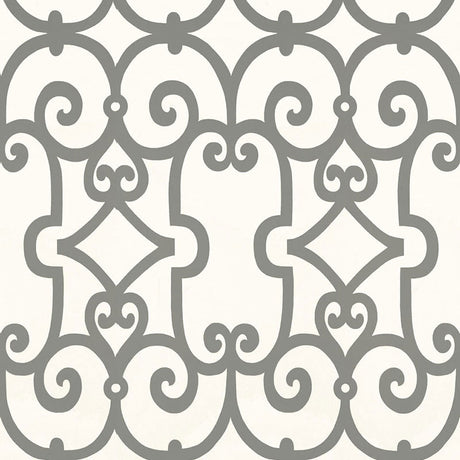 Manor Gate wallpaper in charcoal by Schumacher featuring a bold, modern scrollwork pattern in grey on a white background.