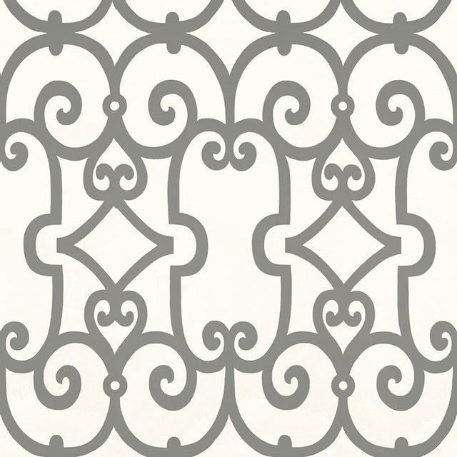 Manor Gate wallpaper in charcoal by Schumacher featuring a bold, modern scrollwork pattern in grey on a white background.