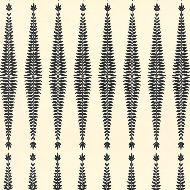 Fern Tree Noir wallpaper by Kelly Wearstler for Schumacher, featuring stylized black fronds in a graphic diamond pattern on a light background.