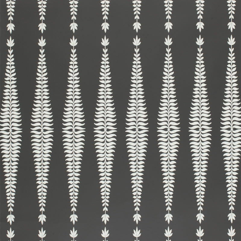 Fern Tree wallpaper in graphite by Kelly Wearstler for Schumacher, featuring stylized fronds in a graphic diamond pattern on a dark background.