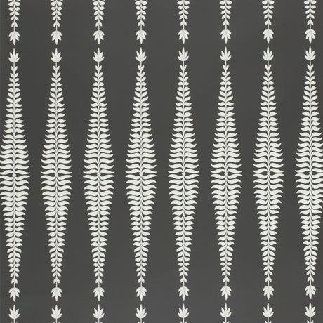 Fern Tree wallpaper in graphite by Kelly Wearstler for Schumacher, featuring stylized fronds in a graphic diamond pattern on a dark background.