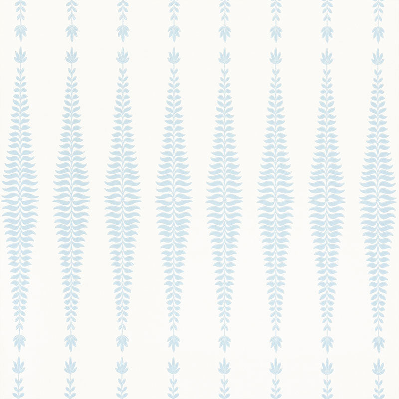 Fern Tree wallpaper in Sky by Kelly Wearstler for Schumacher, featuring stylized blue fronds in a diamond pattern on a white background.