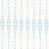 Fern Tree wallpaper in Sky by Kelly Wearstler for Schumacher, featuring stylized blue fronds in a diamond pattern on a white background.