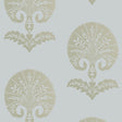 Ottoman Flower wallpaper in Heliotrope by Schumacher, featuring a stylized botanical damask pattern in a modern bedroom setting.