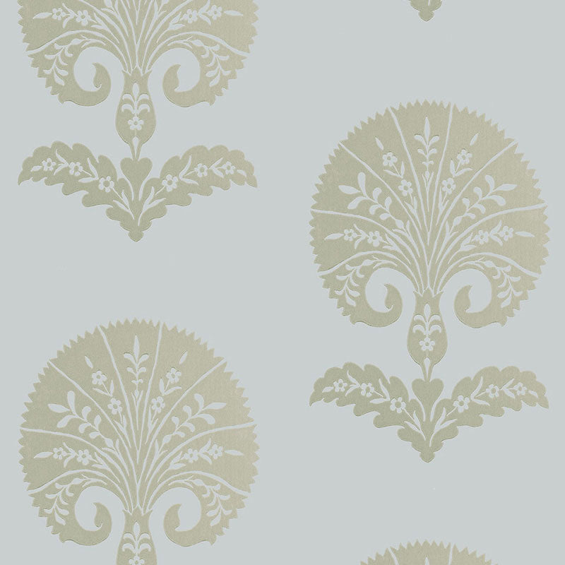 Ottoman Flower wallpaper in Heliotrope by Schumacher, featuring a stylized botanical damask pattern in a modern bedroom setting.