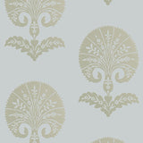 Ottoman Flower wallpaper in Heliotrope by Schumacher, featuring a stylized botanical damask pattern in a modern bedroom setting.
