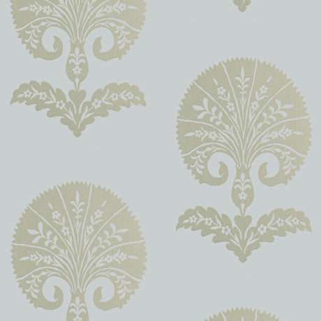 Ottoman Flower wallpaper in Heliotrope by Schumacher, featuring a stylized botanical damask pattern in a modern bedroom setting.