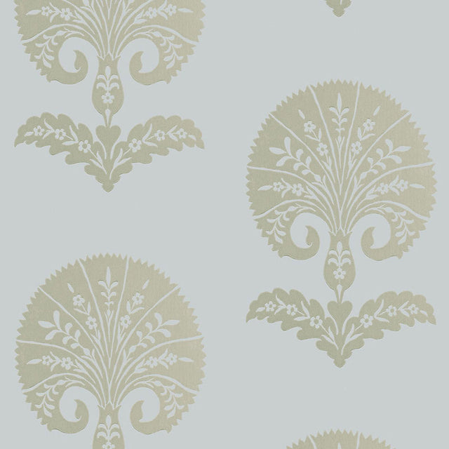 Ottoman Flower wallpaper in Heliotrope by Schumacher, featuring a stylized botanical damask pattern in a modern bedroom setting.