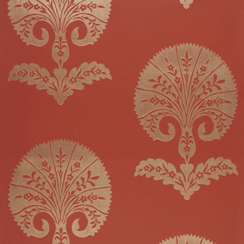 Ottoman Flower wallpaper in paprika red and gold, featuring a bold, stylized floral damask pattern by Schumacher.