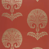Ottoman Flower wallpaper in paprika red and gold, featuring a bold, stylized floral damask pattern by Schumacher.
