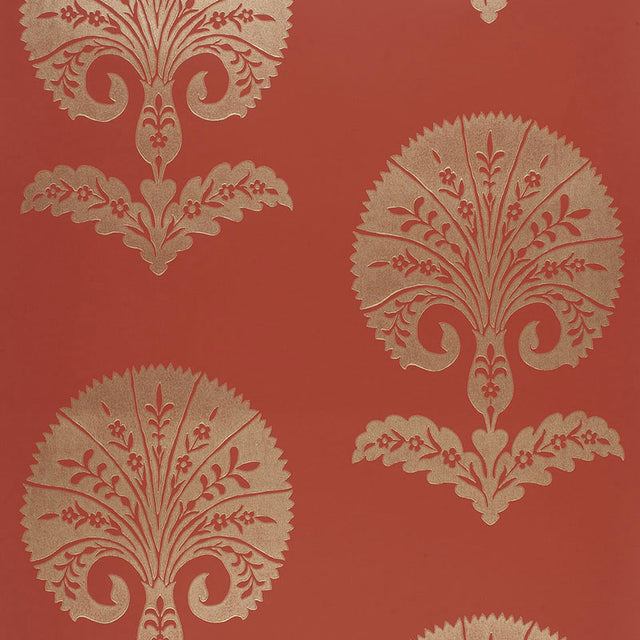 Ottoman Flower wallpaper in paprika red and gold, featuring a bold, stylized floral damask pattern by Schumacher.