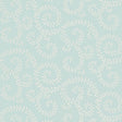 Leafy Scroll wallpaper in Sky by Schumacher, featuring a scrolling vine pattern inspired by embroidery, shown in a bathroom interior and close-up.