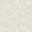 Shadow Vine Bone wallpaper by Schumacher featuring a delicate botanical vine pattern in a soft neutral colorway, shown in a styled interior and close-up detail.