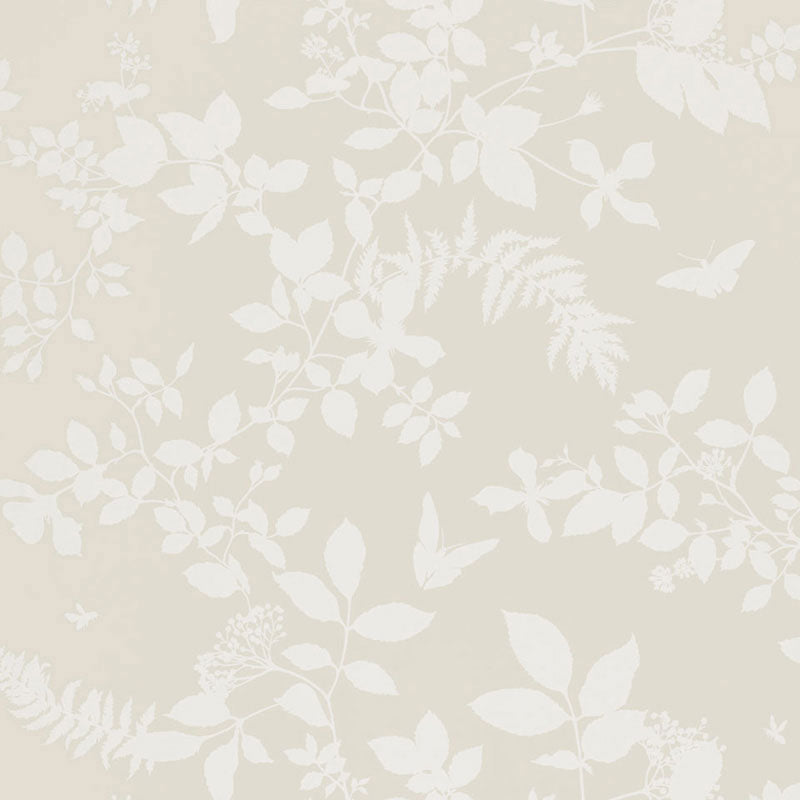Shadow Vine Bone wallpaper by Schumacher featuring a delicate botanical vine pattern in a soft neutral colorway, shown in a styled interior and close-up detail.