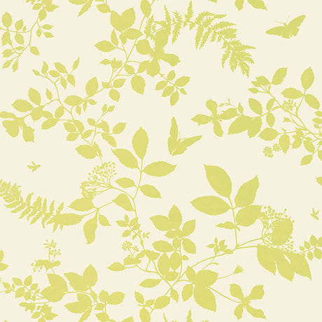 Shadow Vine wallpaper in chartreuse with a botanical vine and butterfly silhouette pattern by Schumacher