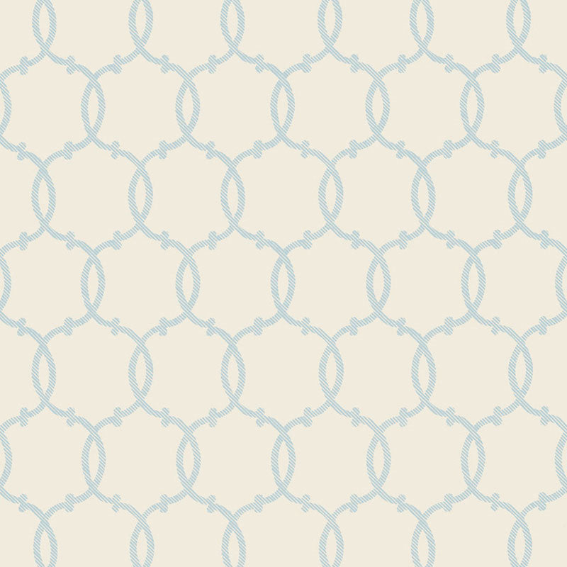 Tracery Sky by Schumacher - Modern geometric trellis wallpaper in light blue on cream background