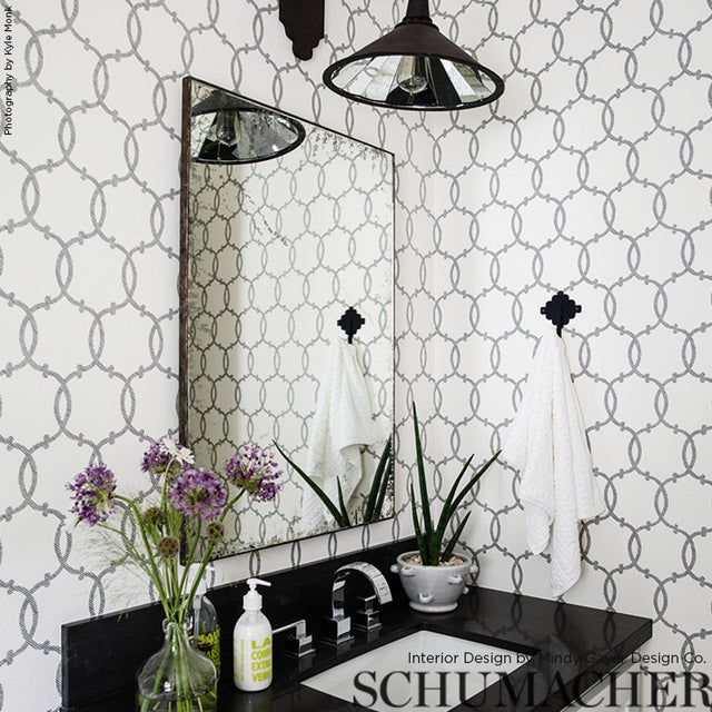 Tracery Charcoal by Schumacher Modern Geometric Trellis Wallpaper – Schumacher 5005121