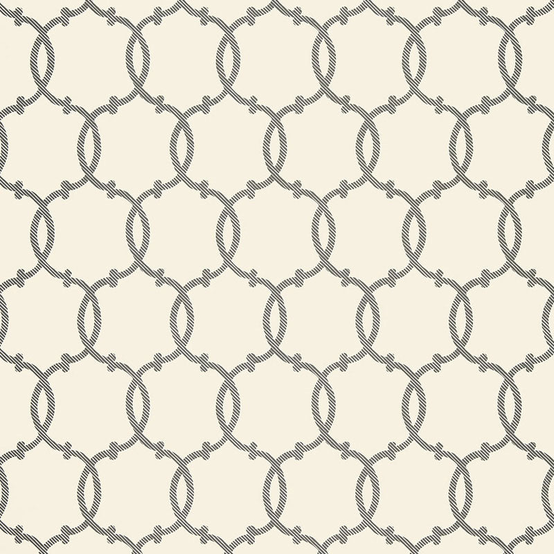 Tracery Charcoal by Schumacher - Modern geometric trellis wallpaper in charcoal and white, shown in styled interior spaces.