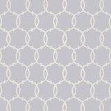 Tracery wallpaper in Wisteria by Schumacher, featuring a rope lattice geometric pattern in soft lavender and white.