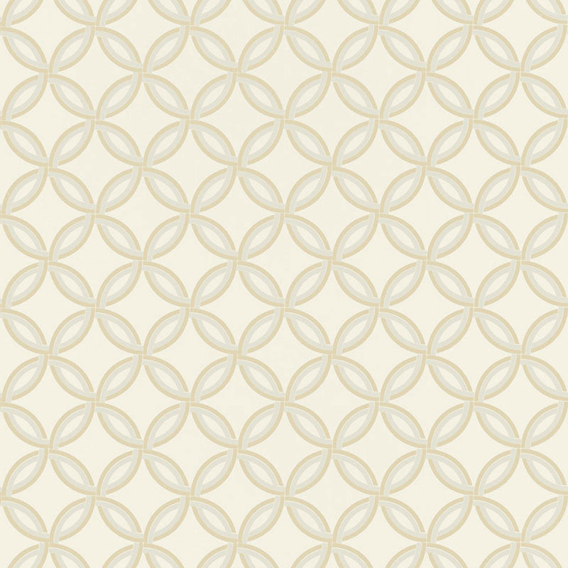 Spherica Parchment geometric wallpaper by Schumacher shown in a modern bathroom interior and as a pattern close-up.