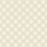 Spherica Parchment geometric wallpaper by Schumacher shown in a modern bathroom interior and as a pattern close-up.