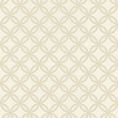 Spherica Parchment geometric wallpaper by Schumacher shown in a modern bathroom interior and as a pattern close-up.