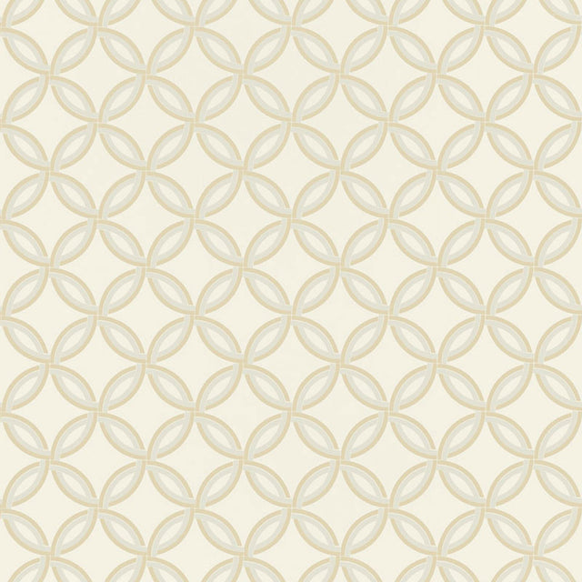 Spherica Parchment geometric wallpaper by Schumacher shown in a modern bathroom interior and as a pattern close-up.