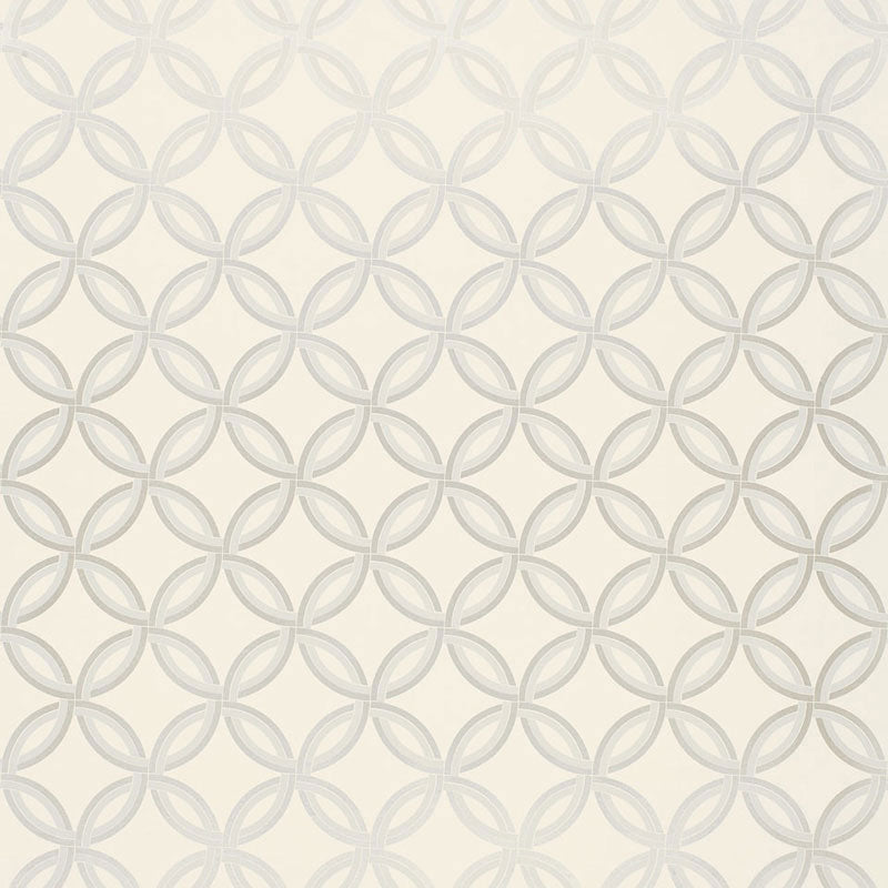 Spherica Silver geometric wallpaper by Schumacher shown in a modern bathroom interior and as a pattern swatch.
