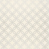 Spherica Silver geometric wallpaper by Schumacher shown in a modern bathroom interior and as a pattern swatch.