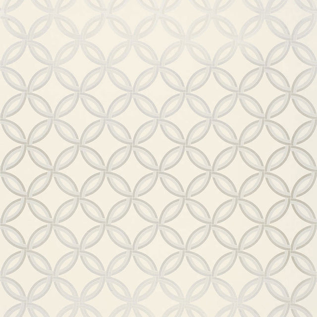 Spherica Silver geometric wallpaper by Schumacher shown in a modern bathroom interior and as a pattern swatch.