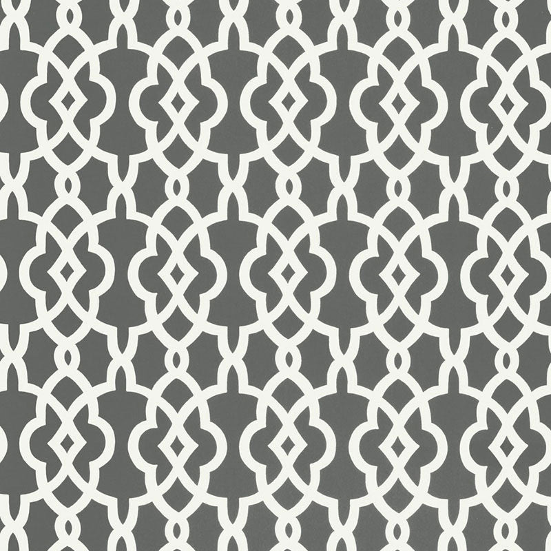 Summer Palace Fret wallpaper in Smoke by Schumacher, featuring a modern geometric fretwork pattern in grey and white.