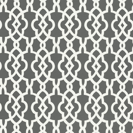 Summer Palace Fret wallpaper in Smoke by Schumacher, featuring a modern geometric fretwork pattern in grey and white.