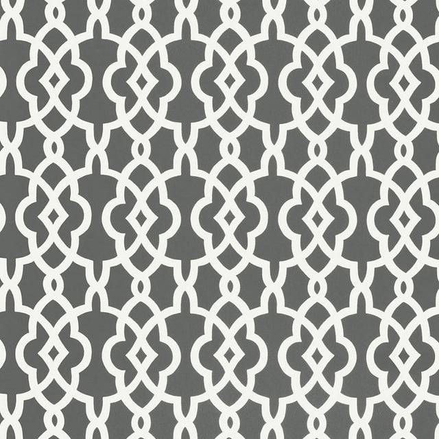 Summer Palace Fret wallpaper in Smoke by Schumacher, featuring a modern geometric fretwork pattern in grey and white.