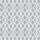 Summer Palace Fret wallpaper in Wisteria by Schumacher, featuring a modern geometric fretwork pattern in soft lavender and white.