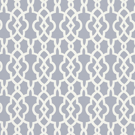 Summer Palace Fret wallpaper in Wisteria by Schumacher, featuring a modern geometric fretwork pattern in soft lavender and white.