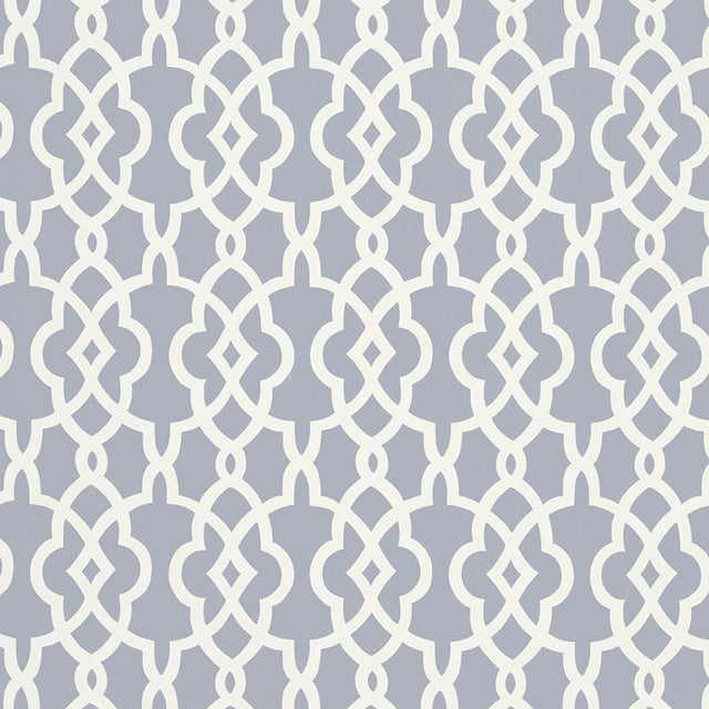 Summer Palace Fret wallpaper in Wisteria by Schumacher, featuring a modern geometric fretwork pattern in soft lavender and white.