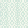 Summer Palace Fret wallpaper in Mineral by Schumacher, Modern Nature Collection, geometric fretwork pattern in soft blue and white.