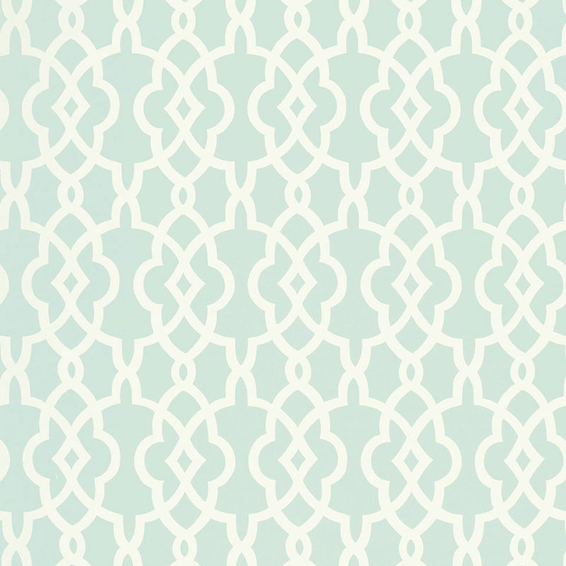 Summer Palace Fret wallpaper in Mineral by Schumacher, Modern Nature Collection, geometric fretwork pattern in soft blue and white.