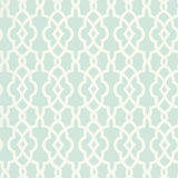 Summer Palace Fret wallpaper in Mineral by Schumacher, Modern Nature Collection, geometric fretwork pattern in soft blue and white.