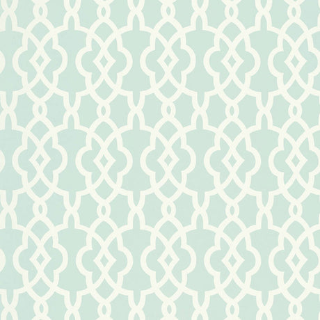 Summer Palace Fret wallpaper in Mineral by Schumacher, Modern Nature Collection, geometric fretwork pattern in soft blue and white.