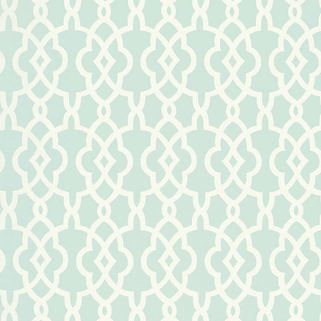 Summer Palace Fret wallpaper in Mineral by Schumacher, Modern Nature Collection, geometric fretwork pattern in soft blue and white.