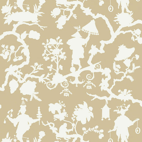 Shantung Silhouette Print wallpaper in Sand by Schumacher, featuring a chinoiserie-inspired silhouette pattern in a neutral colorway, shown in a styled bedroom interior.