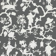 Shantung Silhouette Print wallpaper in Smoke by Schumacher, featuring white chinoiserie silhouettes on a smoky grey background, shown in a styled bedroom interior.