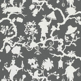 Shantung Silhouette Print wallpaper in Smoke by Schumacher, featuring white chinoiserie silhouettes on a smoky grey background, shown in a styled bedroom interior.