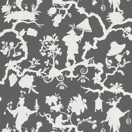 Shantung Silhouette Print wallpaper in Smoke by Schumacher, featuring white chinoiserie silhouettes on a smoky grey background, shown in a styled bedroom interior.