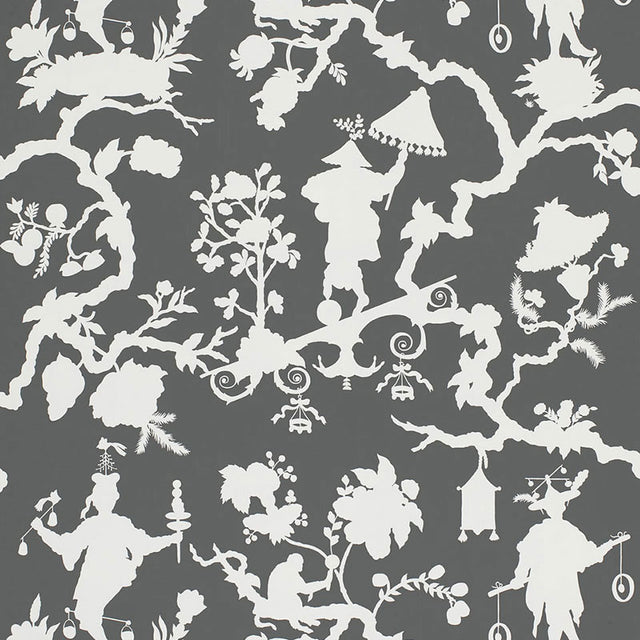 Shantung Silhouette Print wallpaper in Smoke by Schumacher, featuring white chinoiserie silhouettes on a smoky grey background, shown in a styled bedroom interior.